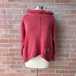 Pure Handknit Cowl Neck Sweater Womne's L XL Pink Button Pocket Tunic Cotton